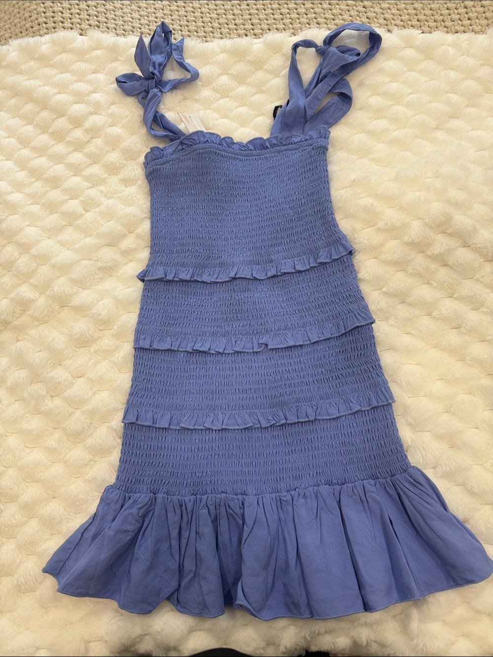 Katie J NYC Periwinkle Smocked Ruffle Tie-Strap Dress
